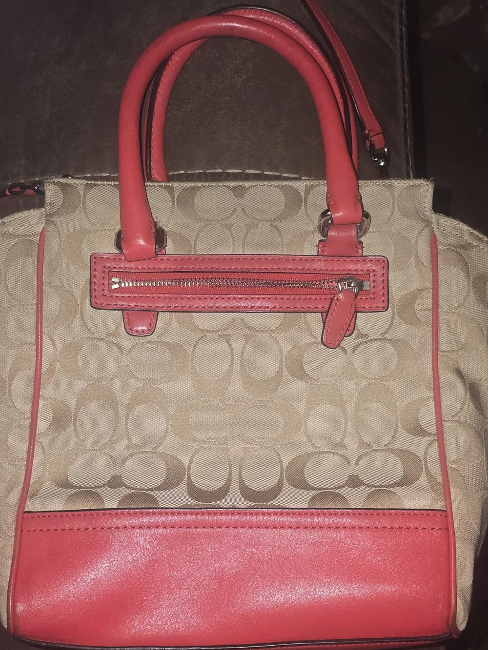 Coach Signature Legacy Mini Tanner Khaki Coral Crossbody Satchel Bag - Clean